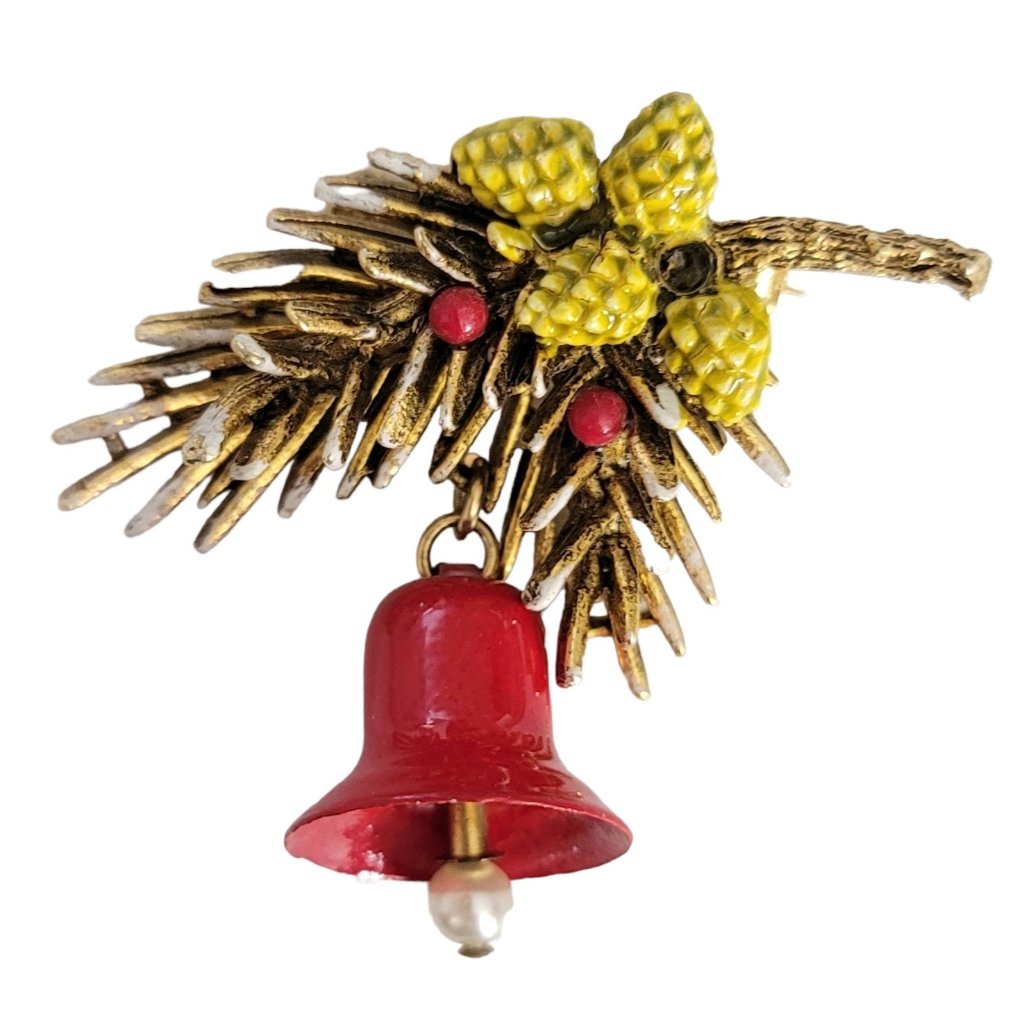 Art Arthur Pepper Vintage Red Enamel Bell Snowy Pine Boughs Brooch Signed 50$